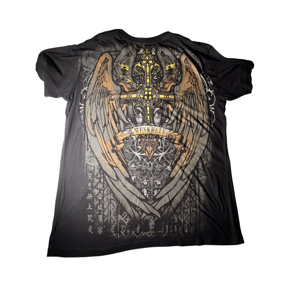 Angel Wing Cross all over Graphic Tee Black & Gold wings - Picture 4 of 7